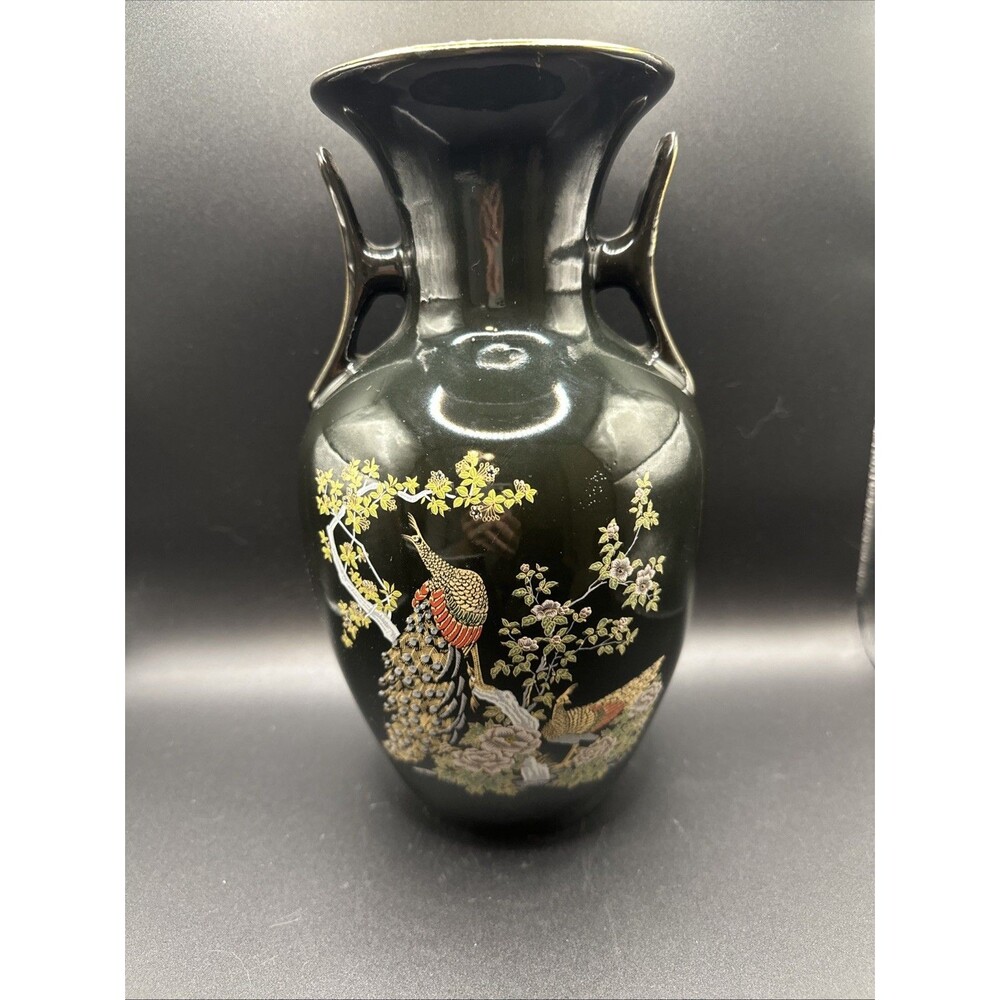 Vintage Japanese Porcelain Black 2 Handle Vase w/ Gold Trim 10.5 inches Tall